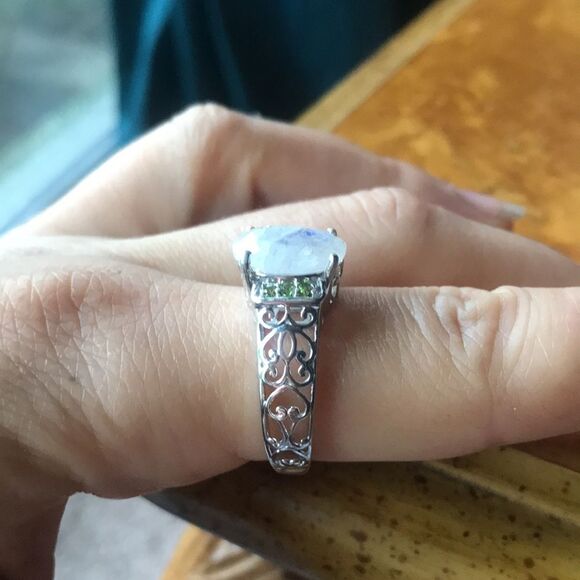 Natural Rainbow Moonstone Chrome Diopside Sterling Silver Ring Size 8 - Picture 2 of 8
